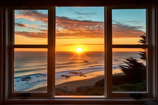 Fototapeta Window see sunrise on beach windowsill outdoors nature.