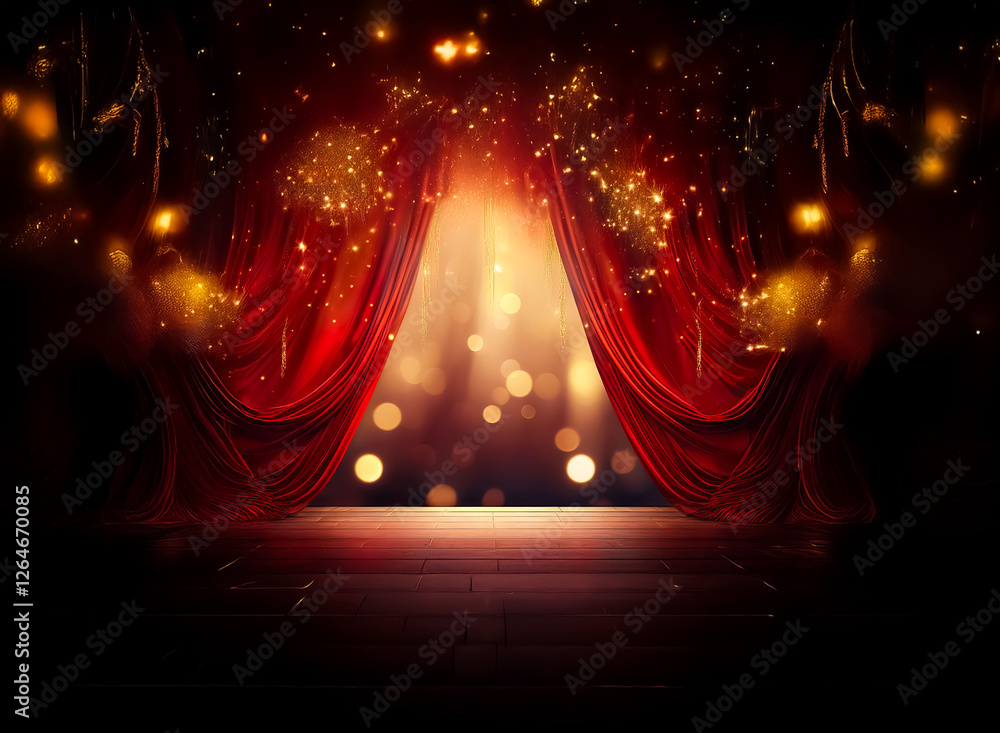 Poster a stage is set with elegant red curtains, illuminated by warm bokeh lights, creating a dramatic and 