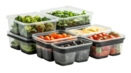 Healthy meal prep containers filled with fresh vegetables and fruits kitchen product display bright environment top view nutrition