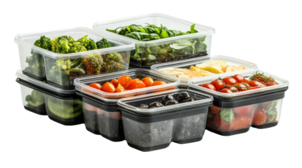 Healthy meal prep containers filled with fresh vegetables and fruits kitchen product display bright environment top view nutrition