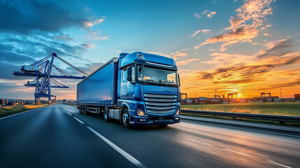 truck goes to the port for loading at sunset