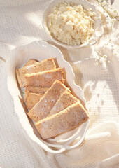 Home made soy cookies or okara cookies on white cloth. Healthy food.
