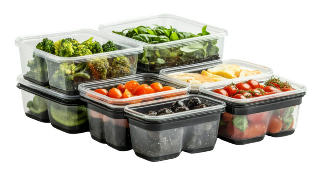 Healthy meal prep containers filled with fresh vegetables and fruits kitchen product display bright environment top view nutrition