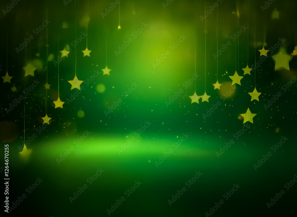 Poster a festive green backdrop with bokeh effect and hanging stars. sparkling lights create a magical and 