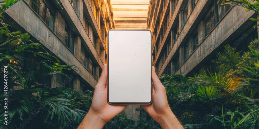Poster urban jungle mobile display sleek smartphone in biophilic office - tech savvy workspace solutions fo