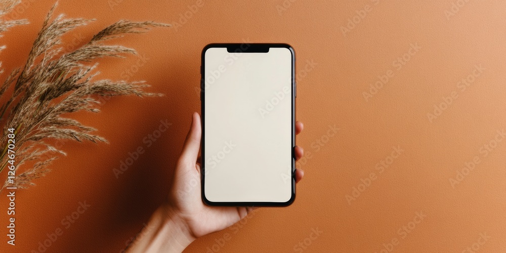 Poster minimalist tech aesthetic handheld smartphone with beige screen on terracotta background - modern de