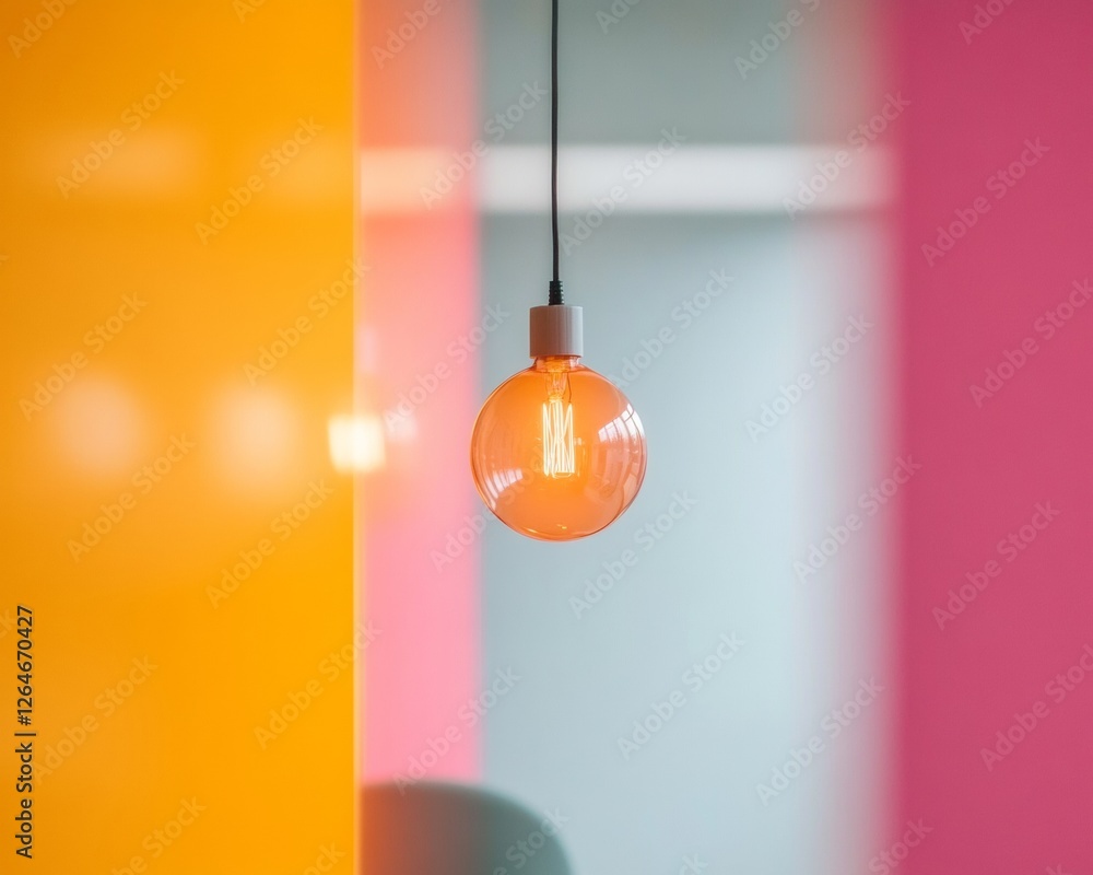 Poster vibrant workspaces orange glass pendant light against bold color block walls - creative office desig