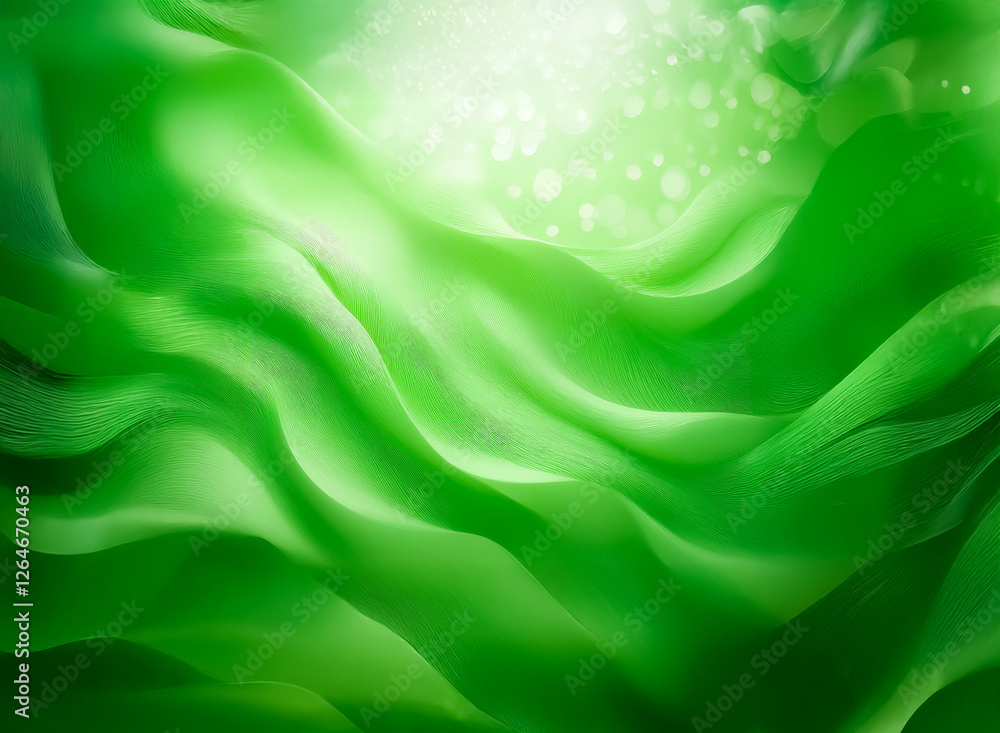 Poster luminous green waves flow smoothly, creating a shiny, soft abstract background with a bright light s