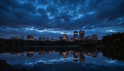 Fototapeta premium City skyline reflecting on lake at night