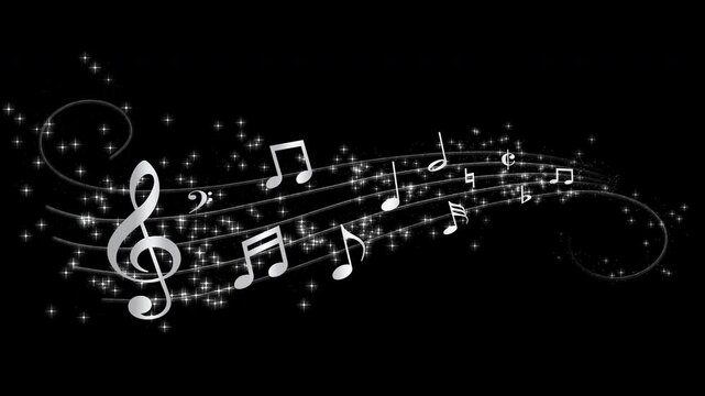 Abstract silver music notes along a musical stave in 3D space with silver stars, twirling glitter and particles, scene opener, overlay or background, transparent background with alpha channel