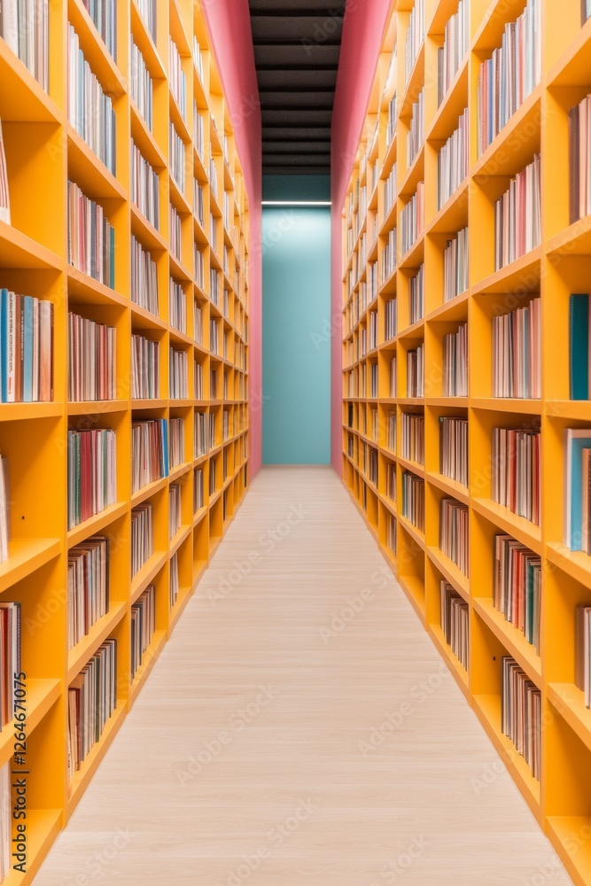 Poster contemporary library aesthetic vibrant wooden bookshelves with corridor perspective - institutional 