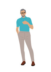 Senior man in modern smart casual summer clothes standing full length. Handsome bearded Businessman in glasses and street fashion outfit. Flat vector colorful illustration isolated