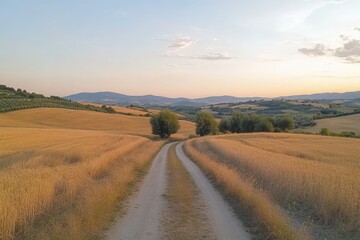 Golden hour country road through harvested fields, rolling hills in background