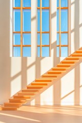 Fototapeta premium Minimalist Wooden Staircase in Bright Sunlit Library Setting - Elegant Architecture for Modern Educational Spaces, Enhancing Learning Environment and Aesthetic Appeal