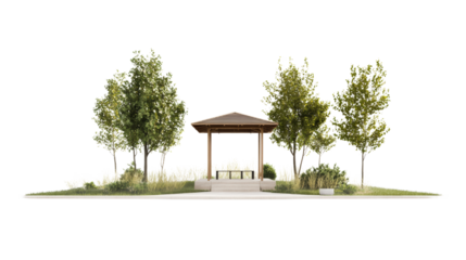 Relaxing pavilion amidst lush trees outdoor space architectural design calm environment ground-level perspective
