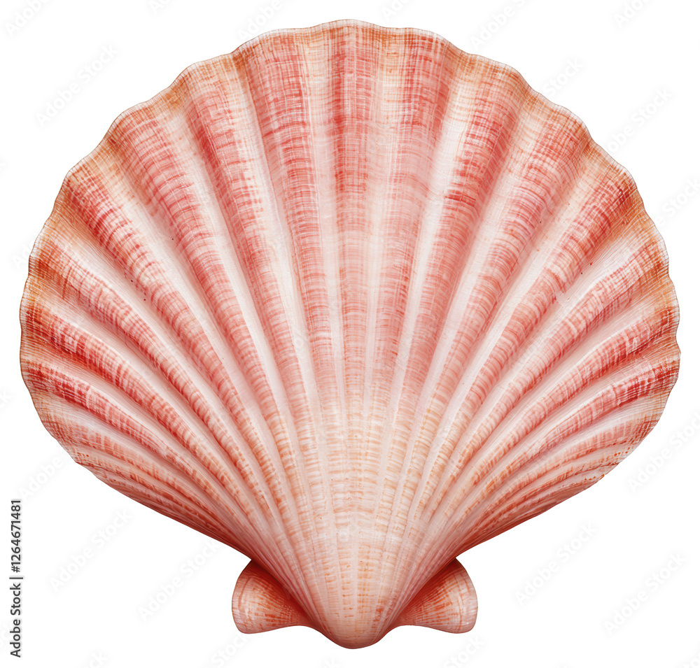 Poster close up pink scallop shell with radial ridges on transparent background with transparent elements