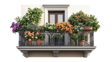Vibrant flowering balcony display urban apartment floral arrangement sunny environment close-up view aesthetic appeal