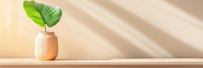 Minimalist Home Office Setup Ceramic Vase with Leaf on Wooden Desk - Modern Workspace Inspiration for Professionals and Digital Creators Seeking Tranquility