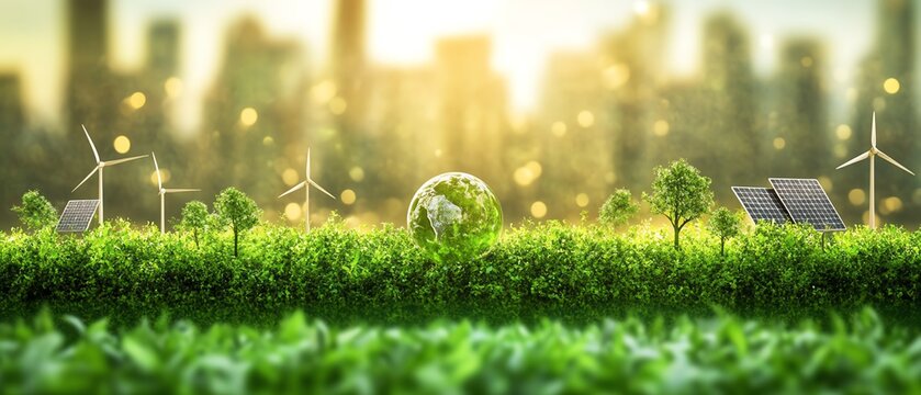 Environmental sustainability concept with green energy, solar panels, and wind turbines, representing the principles of Social and Corporate Governance ESG in industry