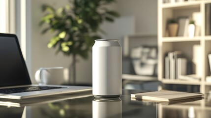 Minimalistic Workspace with Blank Can, Laptop, and Notepad