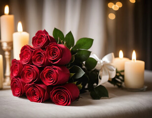 Obraz premium A stunning bouquet of fresh red roses wrapped in soft velvet, tied with a delicate ribbon, set against a blurred candlelit background.