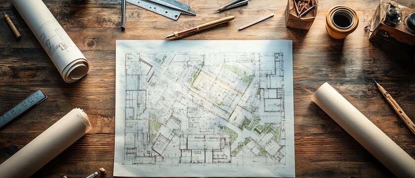 Detailed architectural blueprints with multiple building plans, rolledup scrolls, and drafting tools scattered across a wooden desk, intricate designs in progress