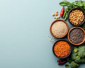 Contemporary Flatlay of Grains and Legumes in Bowls with Fresh Veggies on Pastel - Culinary Content for Meal Planning and Healthy Cooking Promotion in Wellness Industry