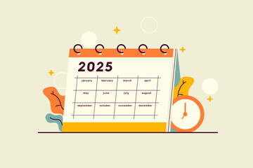 Vector illustration of 2025 calendar with clock icon. Desk yearly calendar with divider grid and place for notes. Concepts of planning, productivity and organization in business and personal use