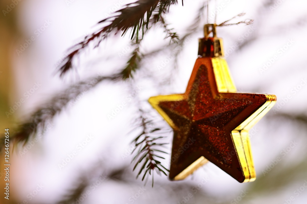 Poster a decorative star ornament in gold and red colors hanging from a branch of a tree.