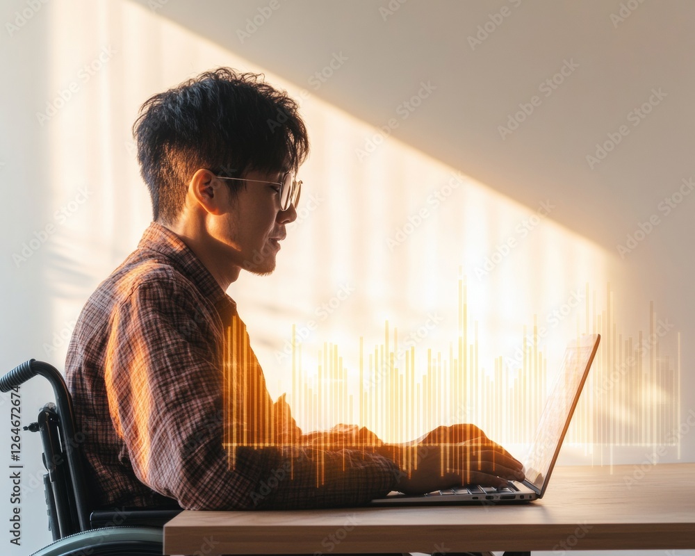 Poster minimalist digital workspace korean entrepreneur in wheelchair with adaptive tech and data charts - 