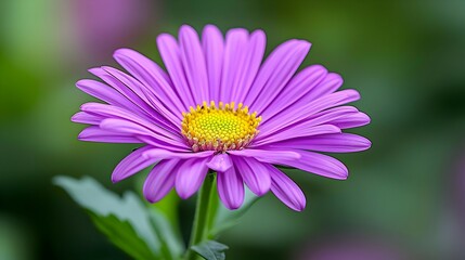 Obraz premium Single Purple Flower With Yellow Center And Green Background