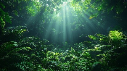 Obraz premium Sunbeams in the Jungle: Sunlight pierces the dense canopy of a lush rainforest, illuminating a vibrant undergrowth of ferns and foliage in a breathtaking display of nature's beauty.