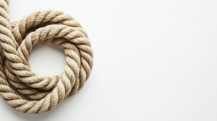Obraz premium Beige rope coiled into a circle on a white background. Nautical, rustic, texture.
