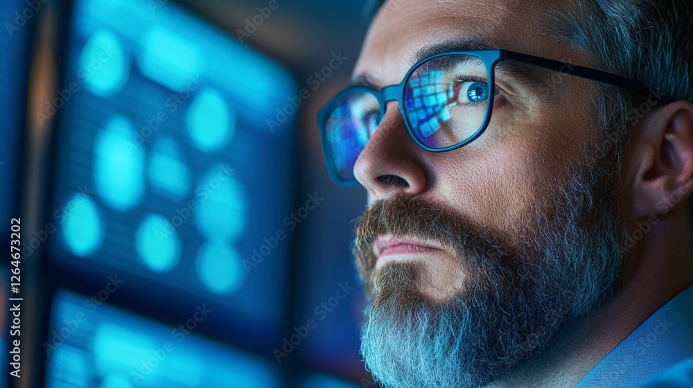 Fototapete Futuristic IT Workspace Cybersecurity Specialist Analyzing Threat Detection on Multiple Monitors - Advanced Network Protection and Data Privacy Solutions for Secure Business Operations