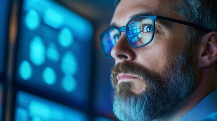 Futuristic IT Workspace Cybersecurity Specialist Analyzing Threat Detection on Multiple Monitors - Advanced Network Protection and Data Privacy Solutions for Secure Business Operations