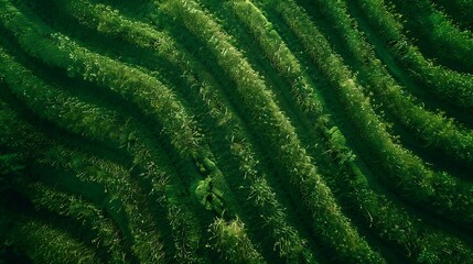 Fototapeta premium Aerial shot of a large green cornfield with neat rows of tall maize plants extending to the horizon