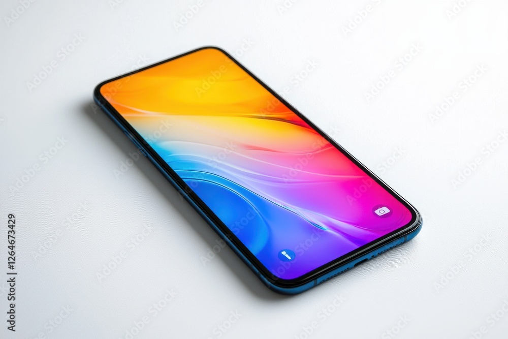 Poster a modern smartphone with vibrant color gradient display resting on a clean white surface, showcasing