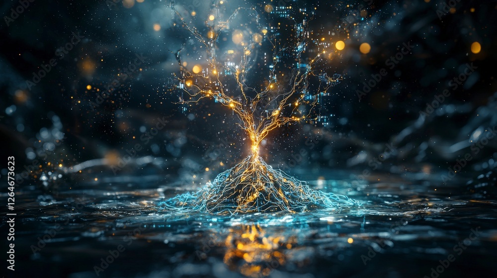 Poster Data growth visualization glowing tree structure rising from water futuristic environment dynamic viewpoint