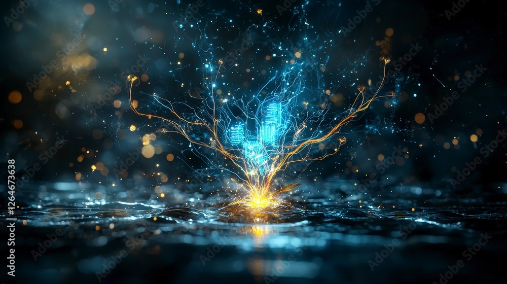 Aufkleber Data growth visualized as glowing upward flowing streams in a digital landscape