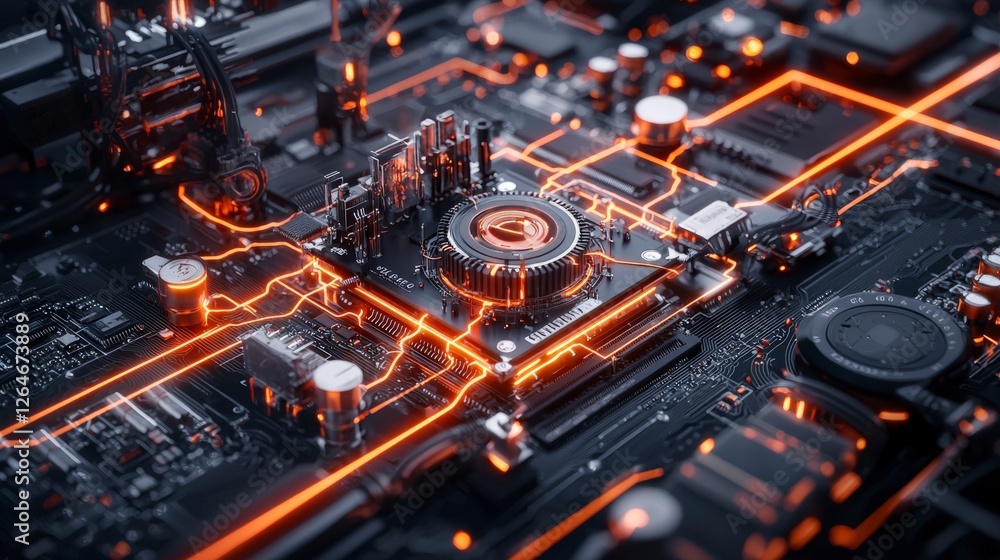 Poster Digital process with glowing pathways technology hub circuit board high-tech environment close-up innovation concept