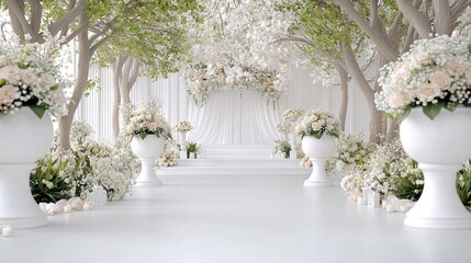 Wedding ceremony aisle, white flowers, trees, indoors.  Possible use Stock photo for weddings, events, decor