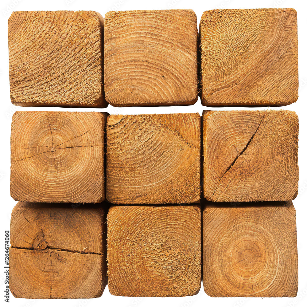 Aufkleber close up view of nine interlocked wooden blocks with natural grain patterns on transparent backgroun