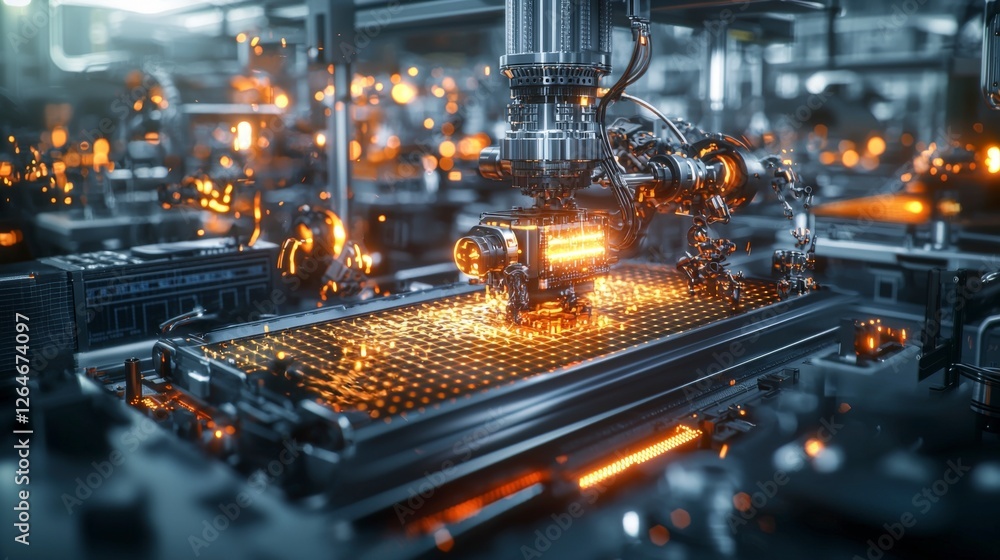Poster Futuristic automated process visualized with glowing elements in industrial setting close-up view technology concept