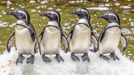 Obraz premium Four penguins on ice, near water, wildlife zoo