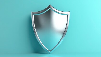 Silver-plated 3D shield on solid pastel blue background sleek and polished