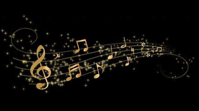 Abstract golden music notes along a musical stave in 3D space with golden stars, twirling glitter and particles, scene opener, overlay or background, transparent background with alpha channel