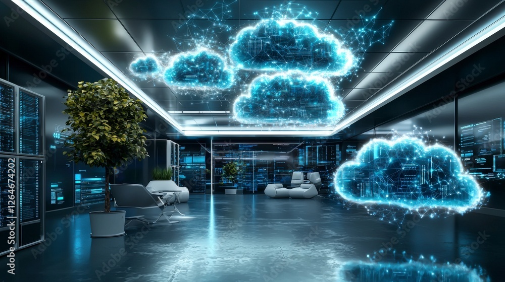 Aufkleber futuristic business environment with glowing cloud technology modern office digital workspace virtua