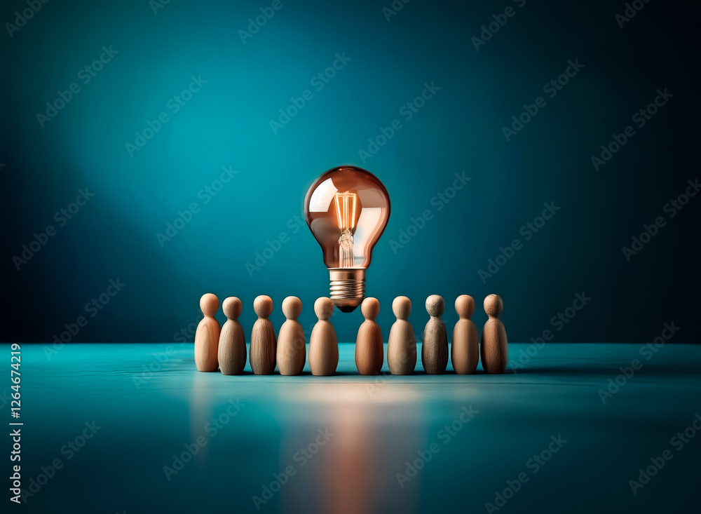 Poster a group of wooden figures are arranged in a semi-circle looking up at a glowing light bulb. the scen