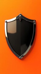 Sleek black 3D shield with chrome edges on bright orange background realistic style