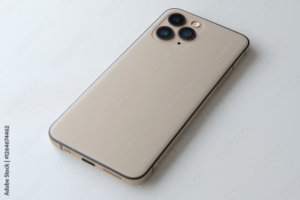 Poster high-angle shot of a modern smartphone with triple camera system in a clean, minimalist setting, ide